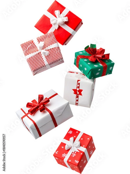 Fototapeta .Colorful Christmas gift boxes in green, red, and white tones floating on transparent background. Playful festive arrangement perfect for holiday graphics
