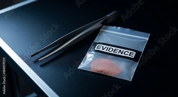 Obraz Forensic evidence collection with tweezers and sealed sample bag on dark laboratory surface for crime scene investigation