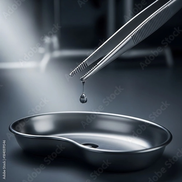 Obraz Precise medical forceps carefully dripping a single clear drop into a sterile stainless steel kidney basin