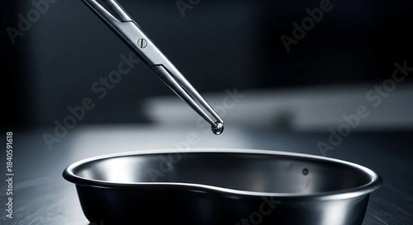 Obraz Precise liquid drop falling from sterile surgical forceps into a gleaming stainless steel kidney basin for meticulous laboratory work