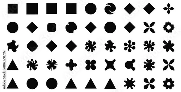 Obraz Collection of black abstract geometric and organic shapes arranged in neat rows for design elements