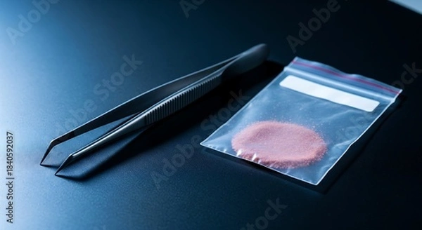 Obraz Forensic evidence collection with tweezers beside sealed evidence bag containing reddish powder sample under dramatic lighting