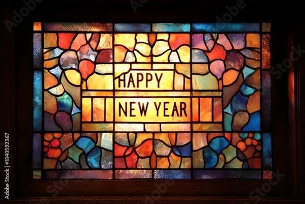 Fototapeta A stained glass "Happy New Year" window with colorful light shining through 