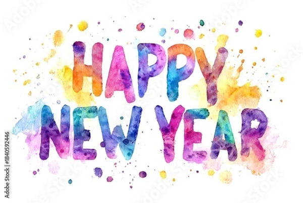 Fototapeta A watercolor "Happy New Year" font with bleeding colors and artistic splatters