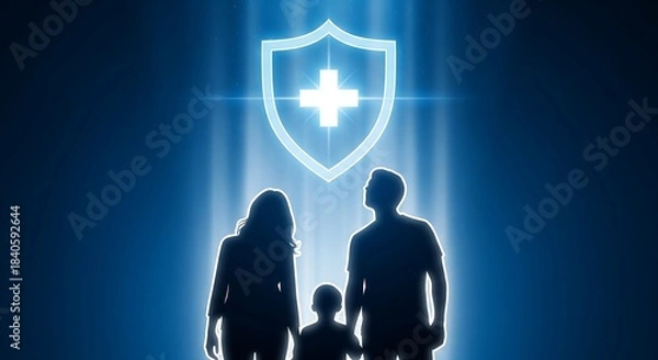 Obraz Family stands protected under glowing medical shield symbol representing secure health insurance coverage and future planning
