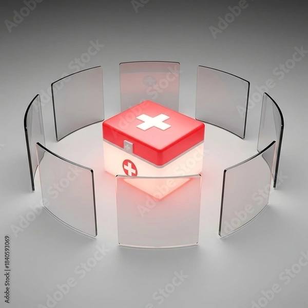 Obraz Glowing first aid kit protected by a dynamic circle of futuristic digital security screens symbolizing health data defense