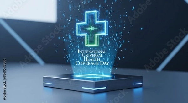 Obraz Stunning holographic medical cross projects future of universal health coverage on a modern digital platform