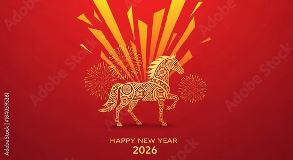 Obraz Golden decorative horse on red background with fireworks, celebrating the year 2026 for the New Year, symbolizing prosperity and good fortune