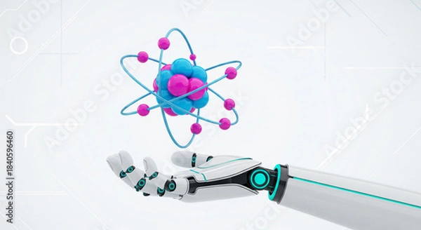 Fototapeta robotic hand holding atom model with blue and pink spheres
