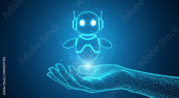 Fototapeta robot floating above hand on blue background