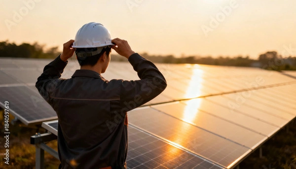 Obraz Foreman solar engineer monitoring solar panel array at sunset inspecting work with protective helmet and reflective light
