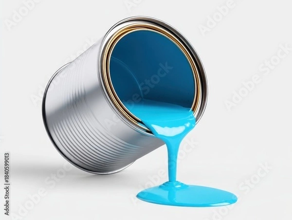 Fototapeta Blue liquid poured from a can isolated on white background.