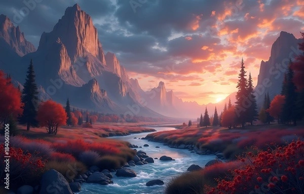 Obraz Atmospheric Vast Layered Majestic Landscape with Tranquil River, Vibrant Colorful Trees and Peaks