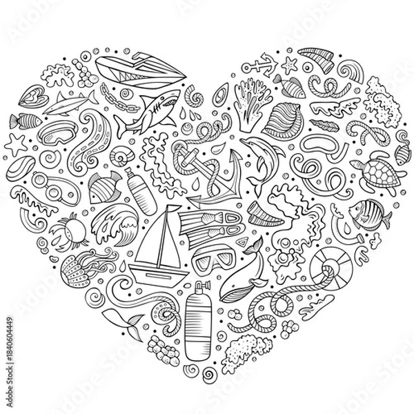 Fototapeta Set of Diving cartoon doodle objects. Heart form composition