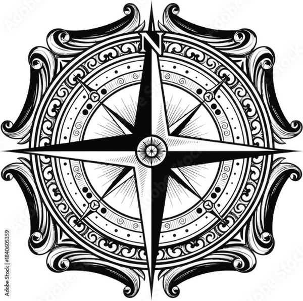 Obraz Ornate Compass Rose Detailed Navigation Symbol Vector