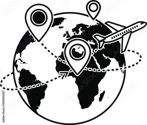Obraz World Travel Globe with Airplane Routes Vector