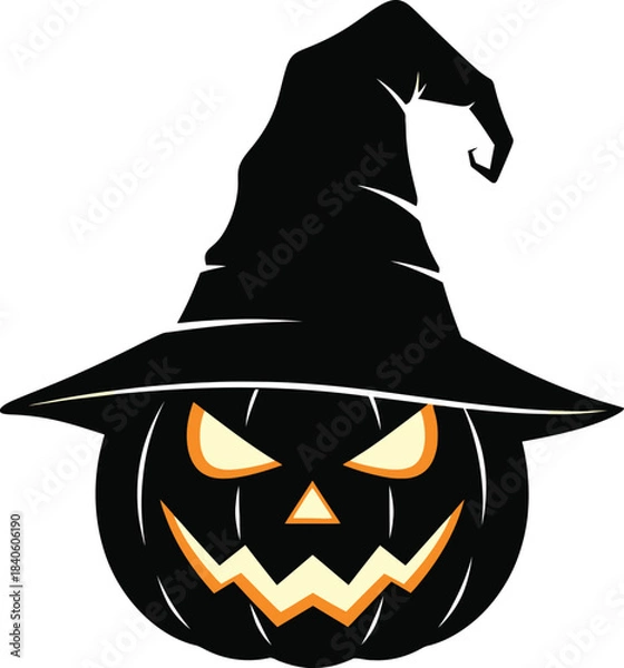 Obraz Halloween Pumpkin with Witch Hat Evil Face Vector