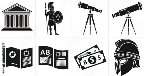 Obraz Education and Science Icon Set Ancient Warrior Finance Telescope Vector