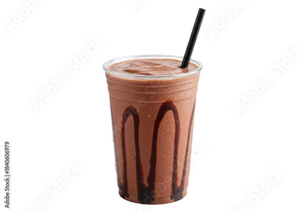 Fototapeta high-key macro shot of a creamy chocolate milkshake in a transparent plastic cup, condensation, black straw, syrup drizzle, isolated on white background with copy space, concept for beverage