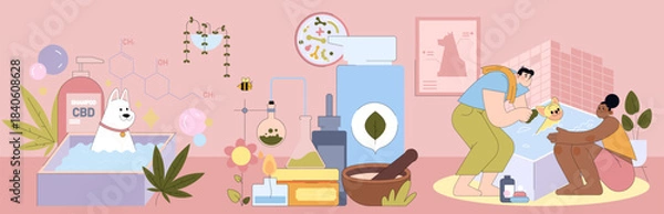 Obraz CBD Pet Shampoo and Couple Bathing Dog Vector Illustration