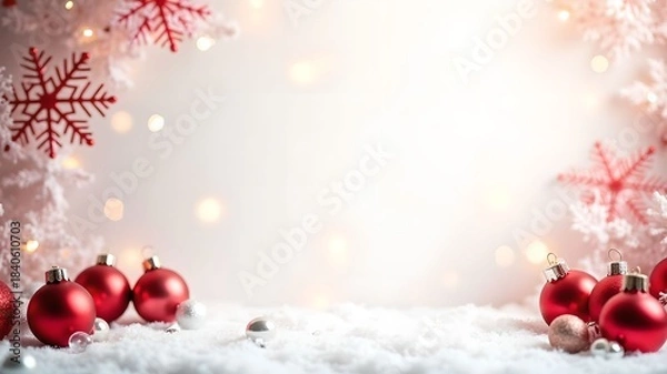Fototapeta Banner, background with holiday decorations with red ornaments and snowflakes