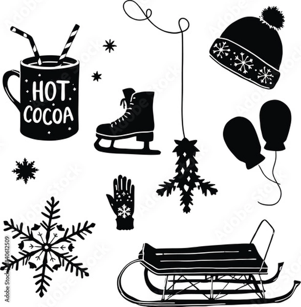 Obraz Monochrome Vector Illustration of Winter-Themed Silhouettes Featuring Hot Cocoa, Ice Skate, Snowflakes, Mittens, Sled, and Seasonal Accessories Depicted in Minimalist Style to Represent Cold Weather 