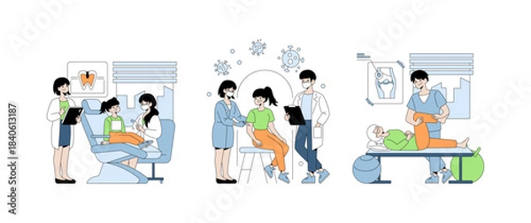 Fototapeta Medical Professionals Assisting Patients Vector Illustration