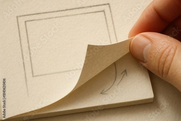 Obraz Hand Turning Page of a Sketchbook with Hand-Drawn Arrow