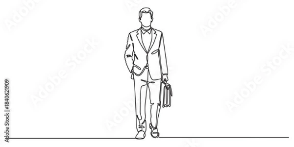 Obraz Continuous linear drawing of businessman. Editable stroke. Vector illustration. Continuous one line drawing of businessman thinking with his hand on his chin,  Man pose thinking in single line draw 