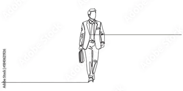 Obraz Continuous linear drawing of businessman. Editable stroke. Vector illustration. Continuous one line drawing of businessman thinking with his hand on his chin,  Man pose thinking in single line draw 