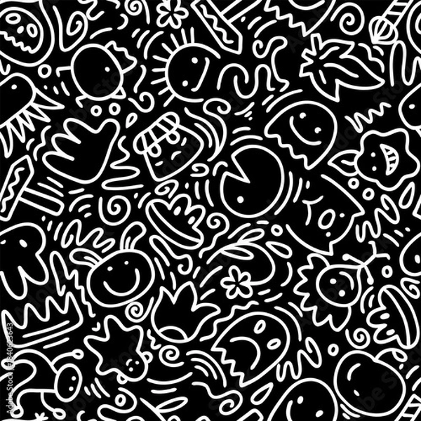 Obraz Funny black line doodle seamless pattern. Creative abstract squiggle style drawing background.