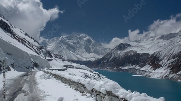 Fototapeta Snowy mountain pass with a turquoise lake and towering, snow-capped peaks