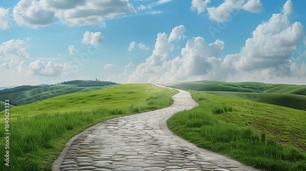 Fototapeta Stone pathway winds uphill through vibrant green hills under a bright, cloudy sky