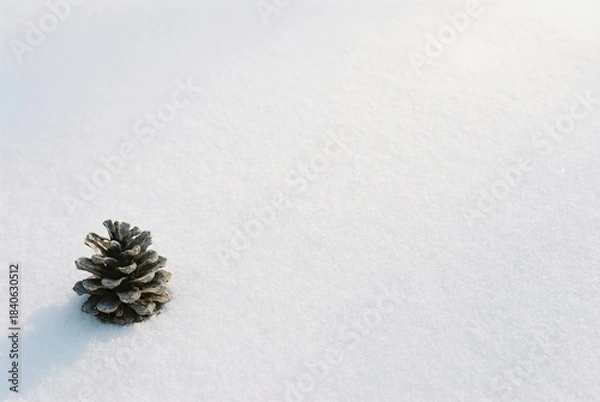 Obraz Winter flatlay with pine cone on clean snow texture
