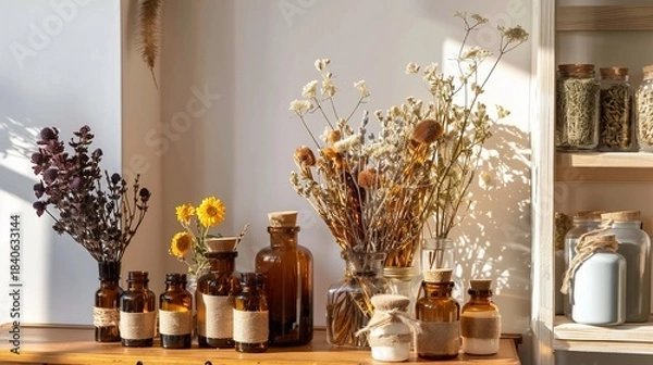 Fototapeta Sunlight illuminates dried flowers, apothecary bottles, and jars on a wooden shelf, creating a cozy ambiance