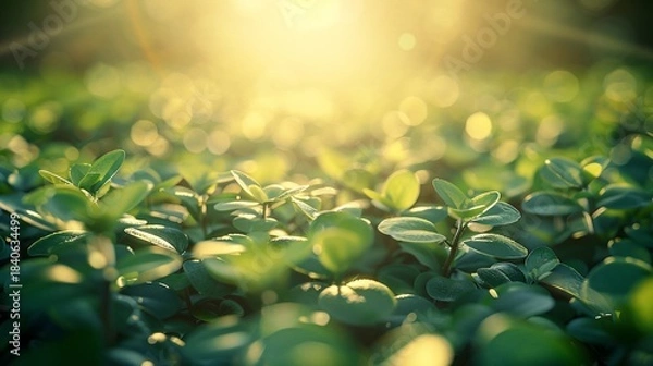 Fototapeta Sunlit, close-up view of fresh green leaves with a blurred background and bright sunlight