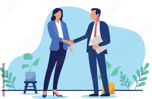 Fototapeta Businessman and businesswoman handshake - Man and woman shaking hands over deal and agreement in office smiling and greeting. Flat design vector stock illustration with white background.