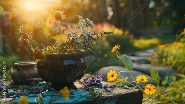 Fototapeta Sunlit garden scene. Close-up on dried flowers in a pot, path leading to bokeh background