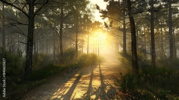 Fototapeta Sunlit forest scene with a dirt road; trees and light create a warm, ethereal atmosphere