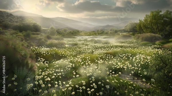 Fototapeta Sunlit meadow filled with white wildflowers, distant hills, and hazy atmospheric perspective