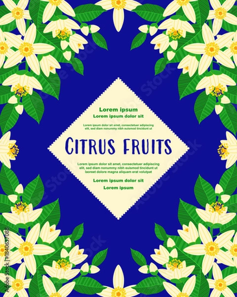 Obraz Botanical citrus poster with blooming orange flowers, green leaves, and elegant copy space. Decorative floral frame ideal for invitations, greeting cards, banners, labels, covers, and branding designs