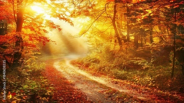 Fototapeta Sunlit path winds through autumnal forest; vibrant leaves and beams of light