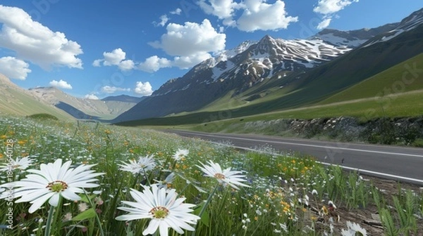 Fototapeta Sunny day scene with a road winding through a flower-filled meadow towards snow-capped mountains