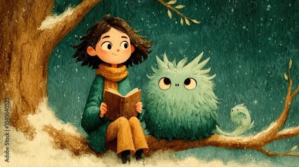 Fototapeta Whimsical Winter Illustration of a Girl Reading with a Cute Fluffy Forest Creature on a Snowy Tree