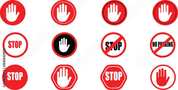 Fototapeta Collection of Stop Signs and Warning Hand Symbols, isolated on transparent background