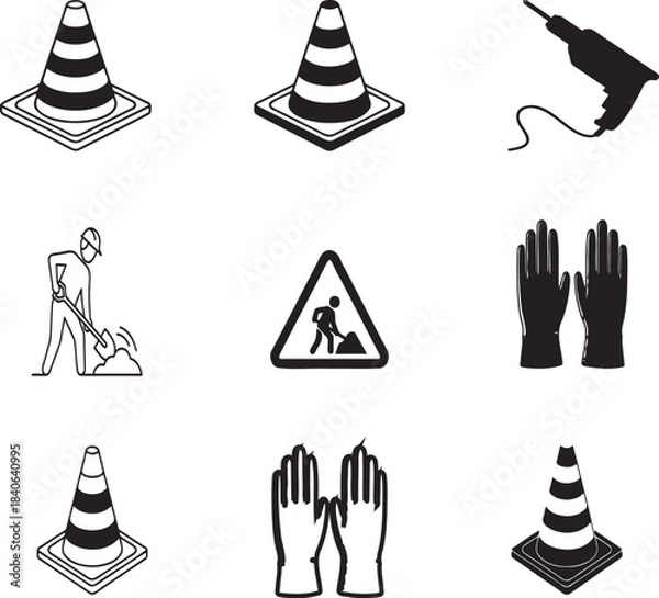 Fototapeta Construction Tools and Worker Icons Set, isolated on transparent background