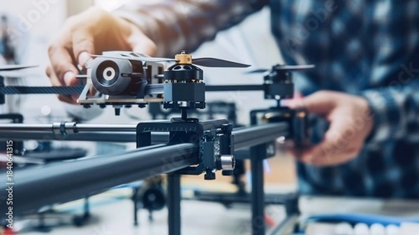 Fototapeta Technician assembles a drone, close-up view showing hands and components