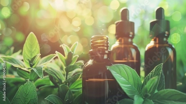 Fototapeta Three amber glass bottles with droppers surrounded by green plants in natural sunlight