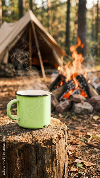 Fototapeta Steam rises from a green mug on a tree stump near a campfire and canvas tent in forest. A peaceful outdoor scene of warmth, nature, and relaxation in a rustic camping setting.