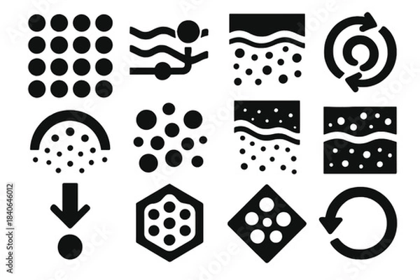 Obraz Microplastic Dynamics Icons. Microplastic Particle Dynamics silhouette set: microbead tile, water-flow node, sediment bar, turbulence ring, dispersion cue dot, aggregation patch,